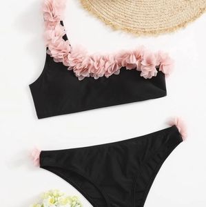 Mesh Floral Decor One Shoulder Bikini Set